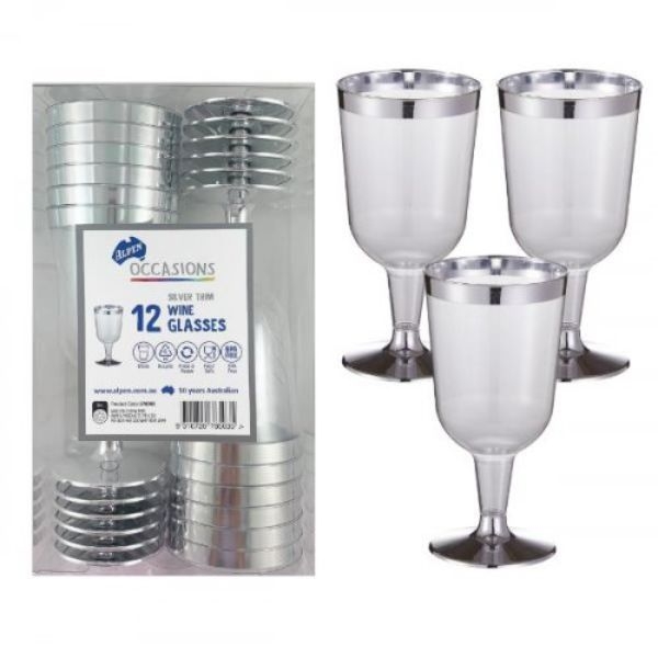 SILVER TRIM PLASTIC WINE GLASS 175ML BOX 12 - 378503