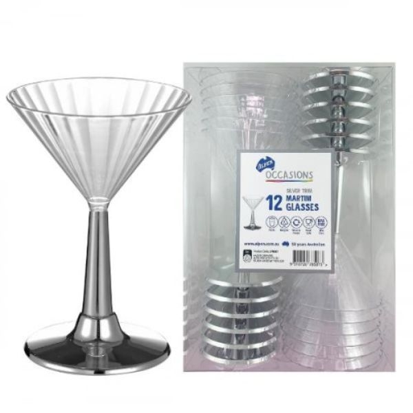 SILVER TRIM PLASTIC MARTINI GLASS 175ML BOX 12 - 378507
