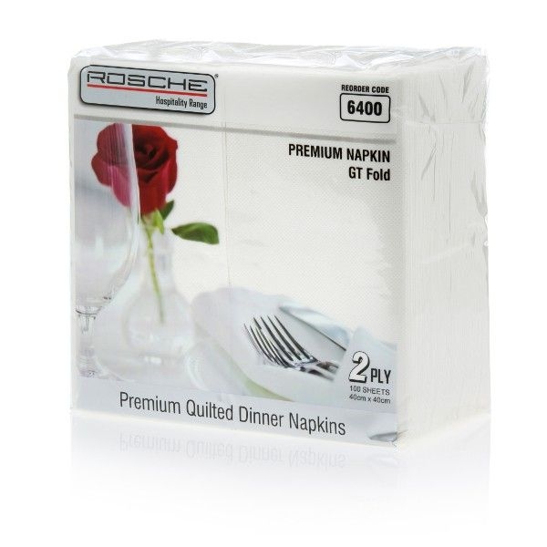 NAPKIN 2PLY DINNER WHITE 6400 GT FOLD PK100 (CTN1000) QUILTED - 6400